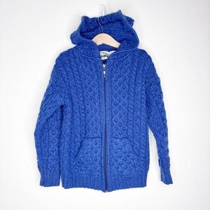 Arancrafts Ireland Merino Wool Hooded Zip Cardigan Sweater Blue Size 8-11yrs EUC